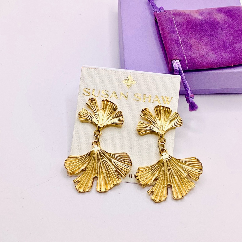 Susan Shaw Gold Ginkgo Leaf Double Drop Earrings